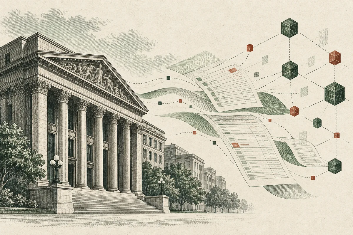 Original engraved illustration of a financial institution connected to digital ledgers